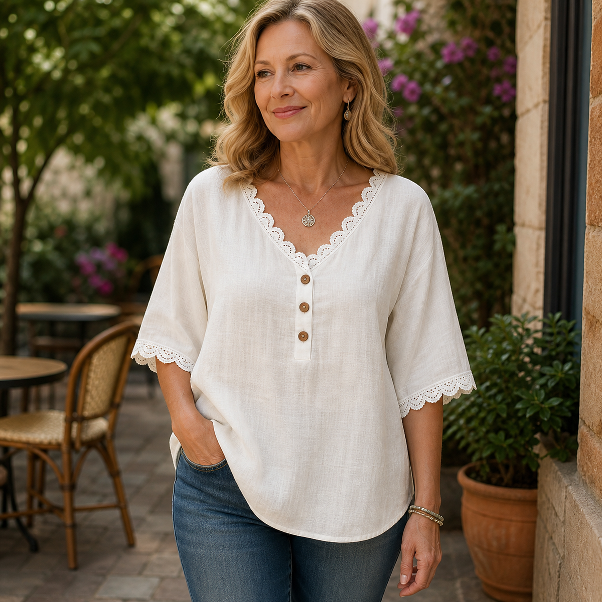 Women's Lace Trim V-Neck Button Short Sleeve Blouse