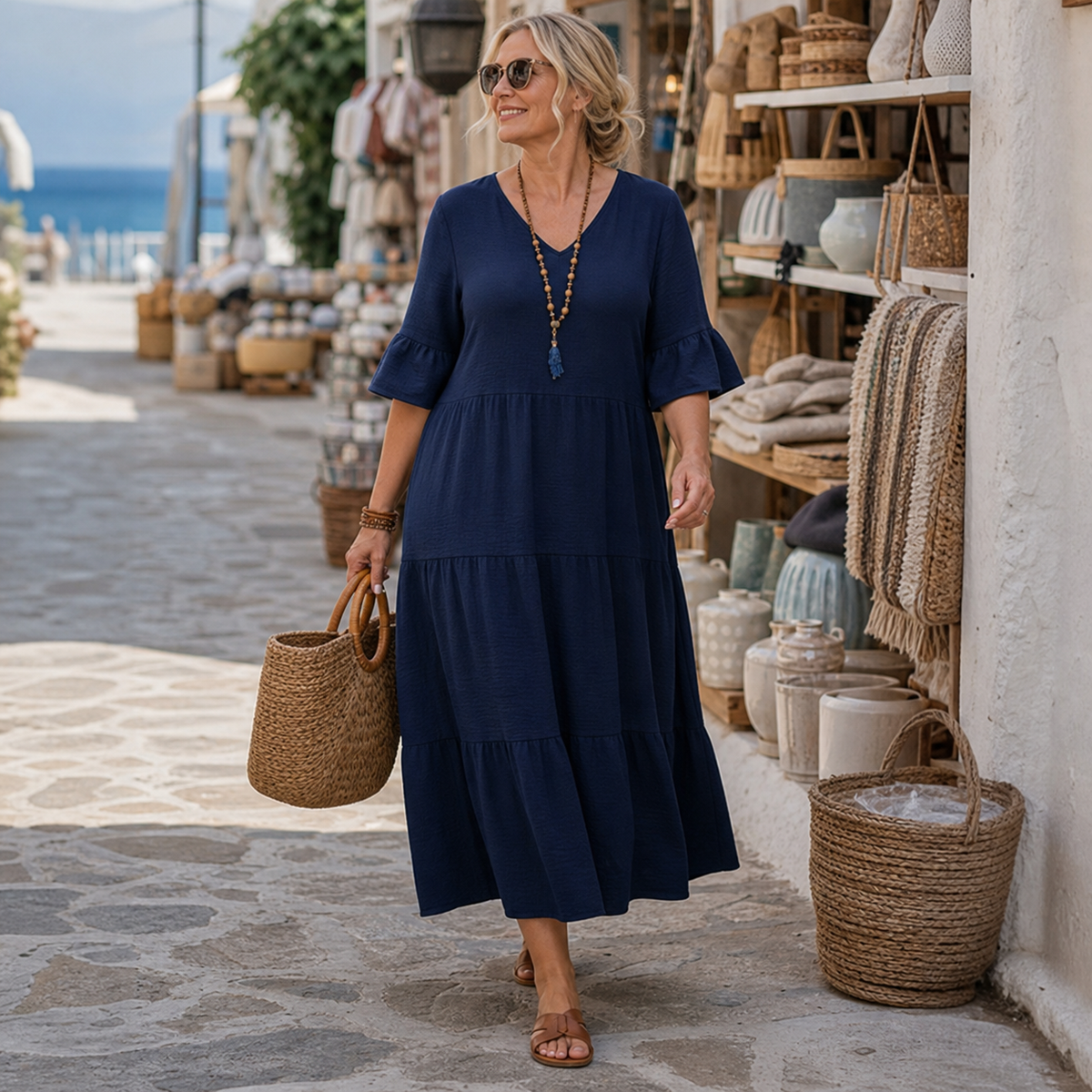 Women's Relaxed Tiered V-Neck Maxi Dress
