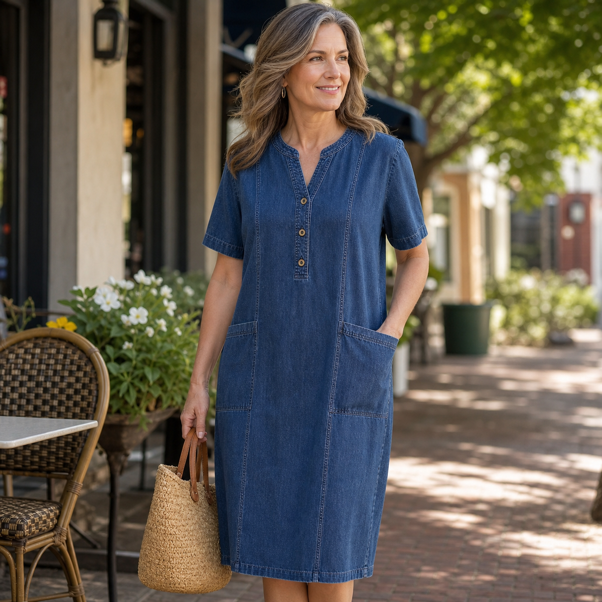 Women's Short Sleeve Denim Henley Pocket Dress