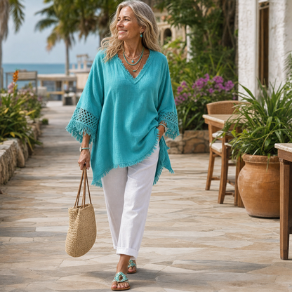 Women's Fringed Lace Sleeve V-Neck Tunic Top