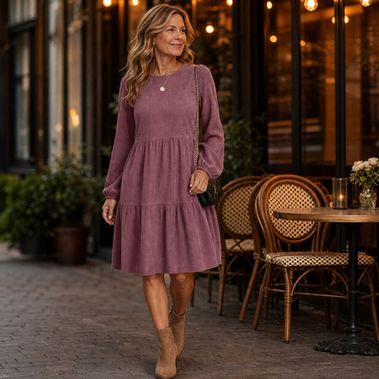 Women's Soft Corduroy Tiered Long Sleeve Dress