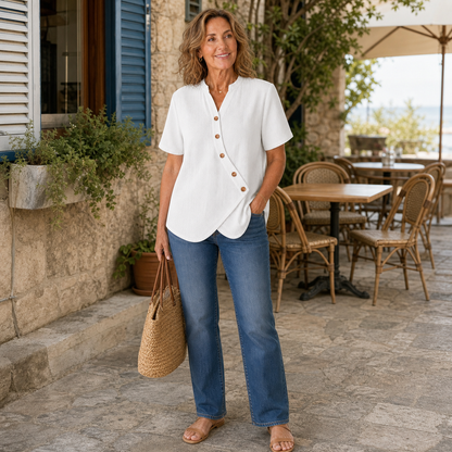 Women's Short Sleeve Asymmetrical Button Blouse