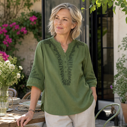 Women's Embroidered Linen-Look V-Neck Blouse