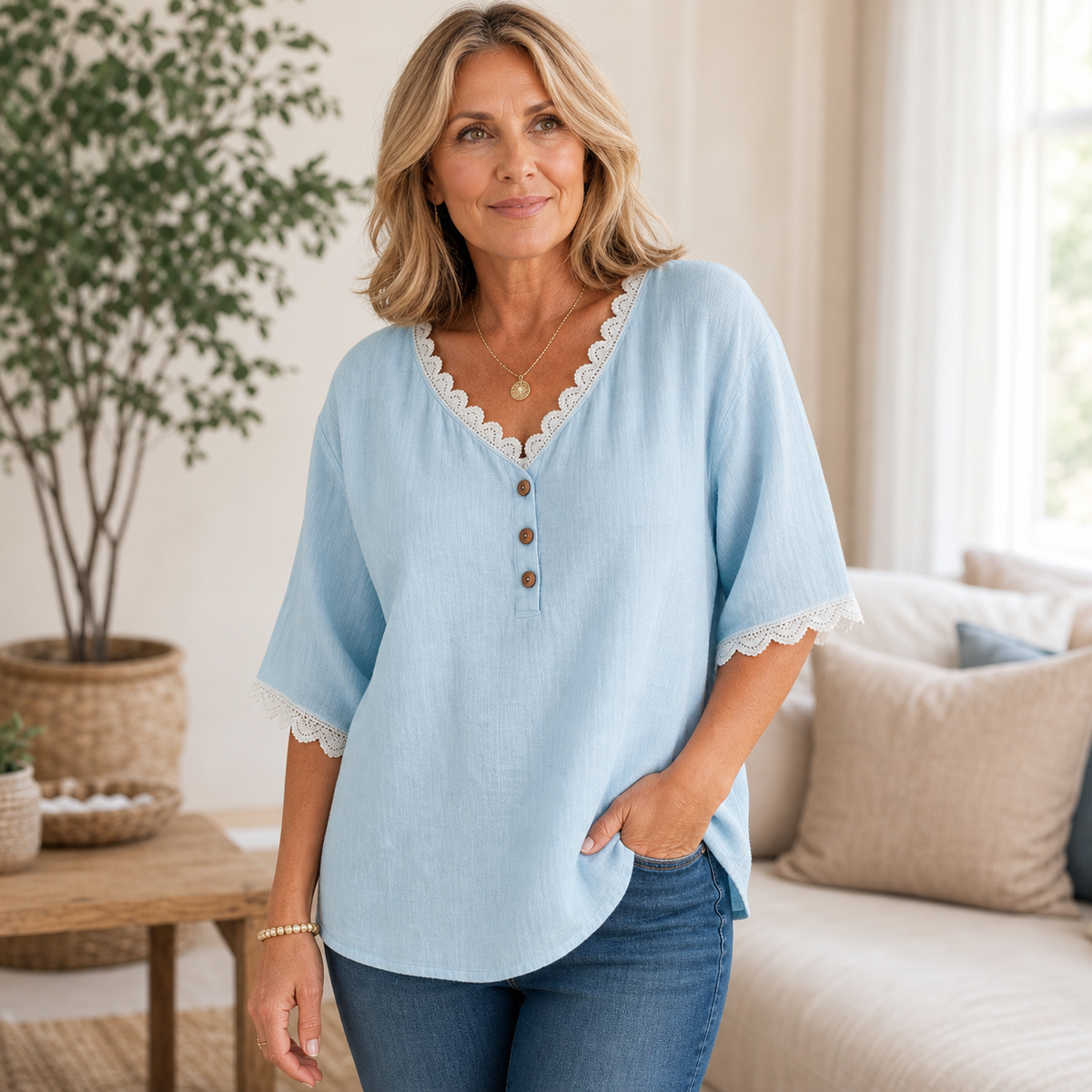 Women's Lace Trim V-Neck Button Short Sleeve Blouse