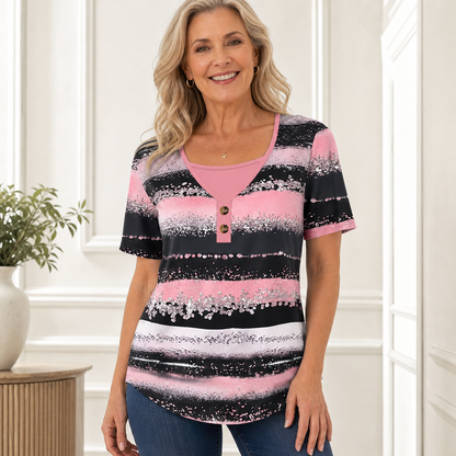 Women's Printed Stripe Short Sleeve Henley Top