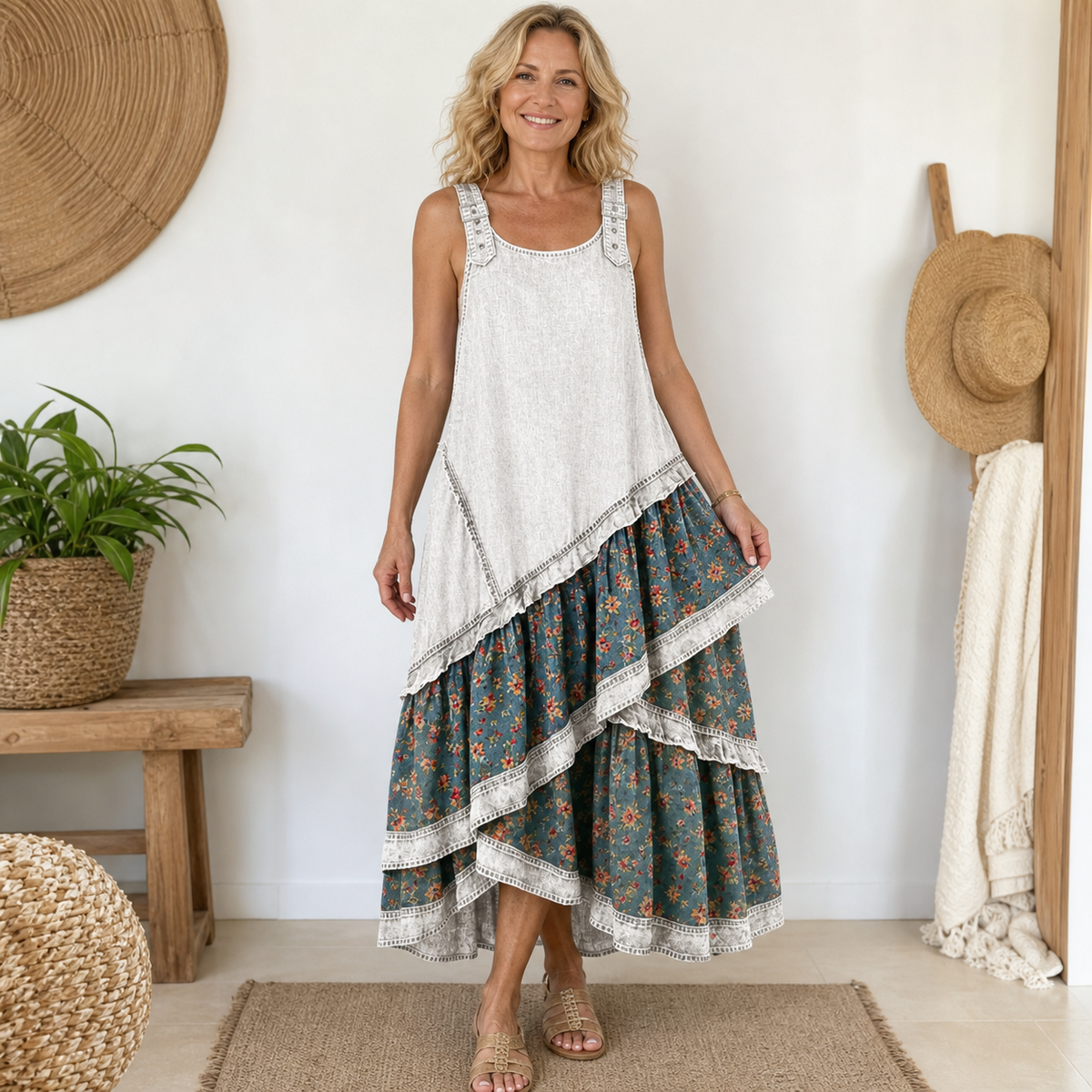 Women's Sleeveless Boho Patchwork Midi Dress