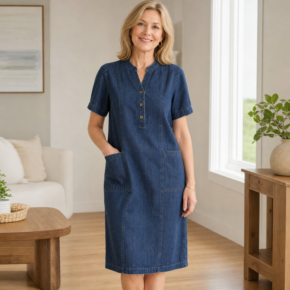 Women's Short Sleeve Denim Henley Pocket Dress