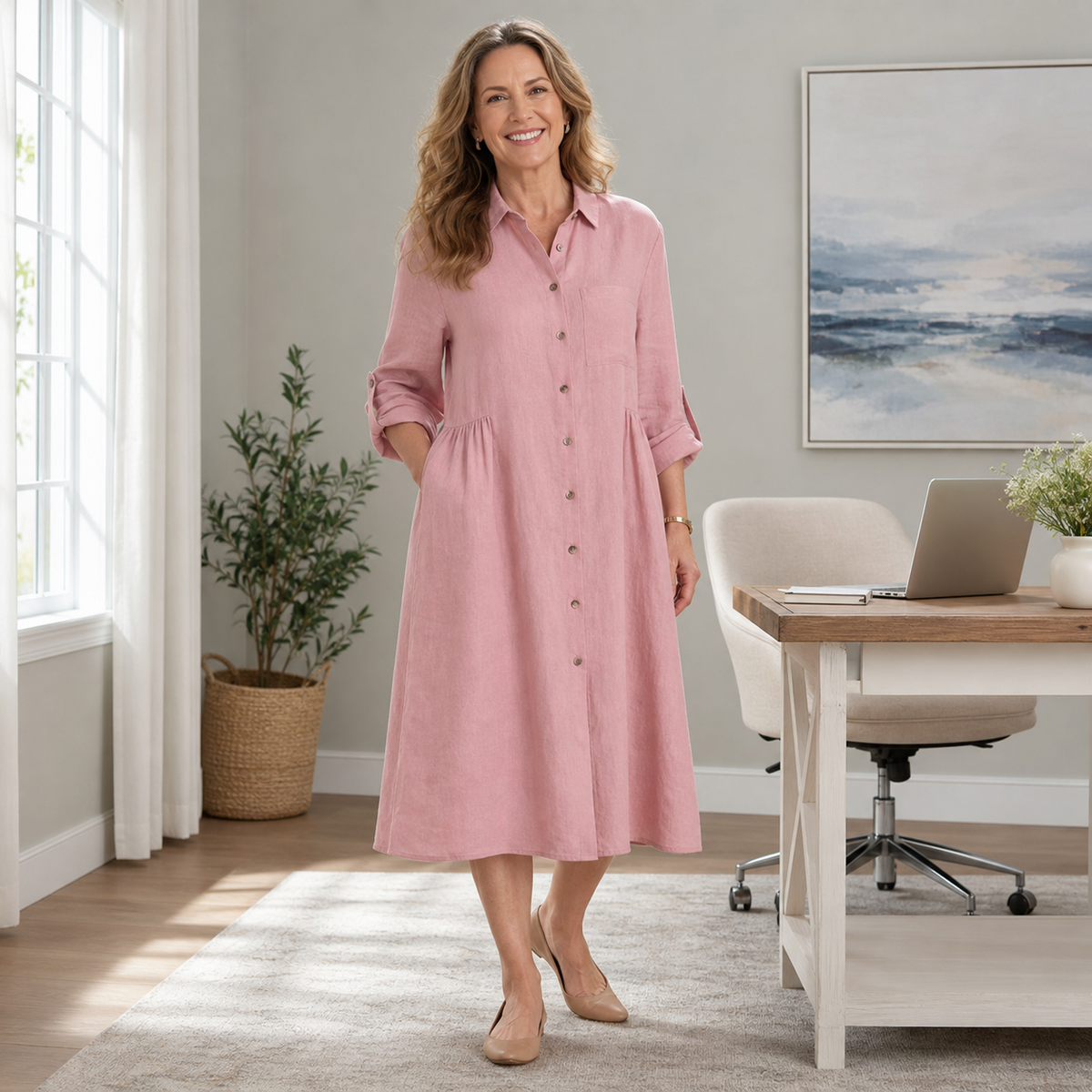 Women's Relaxed Button-Front Midi Shirt Dress