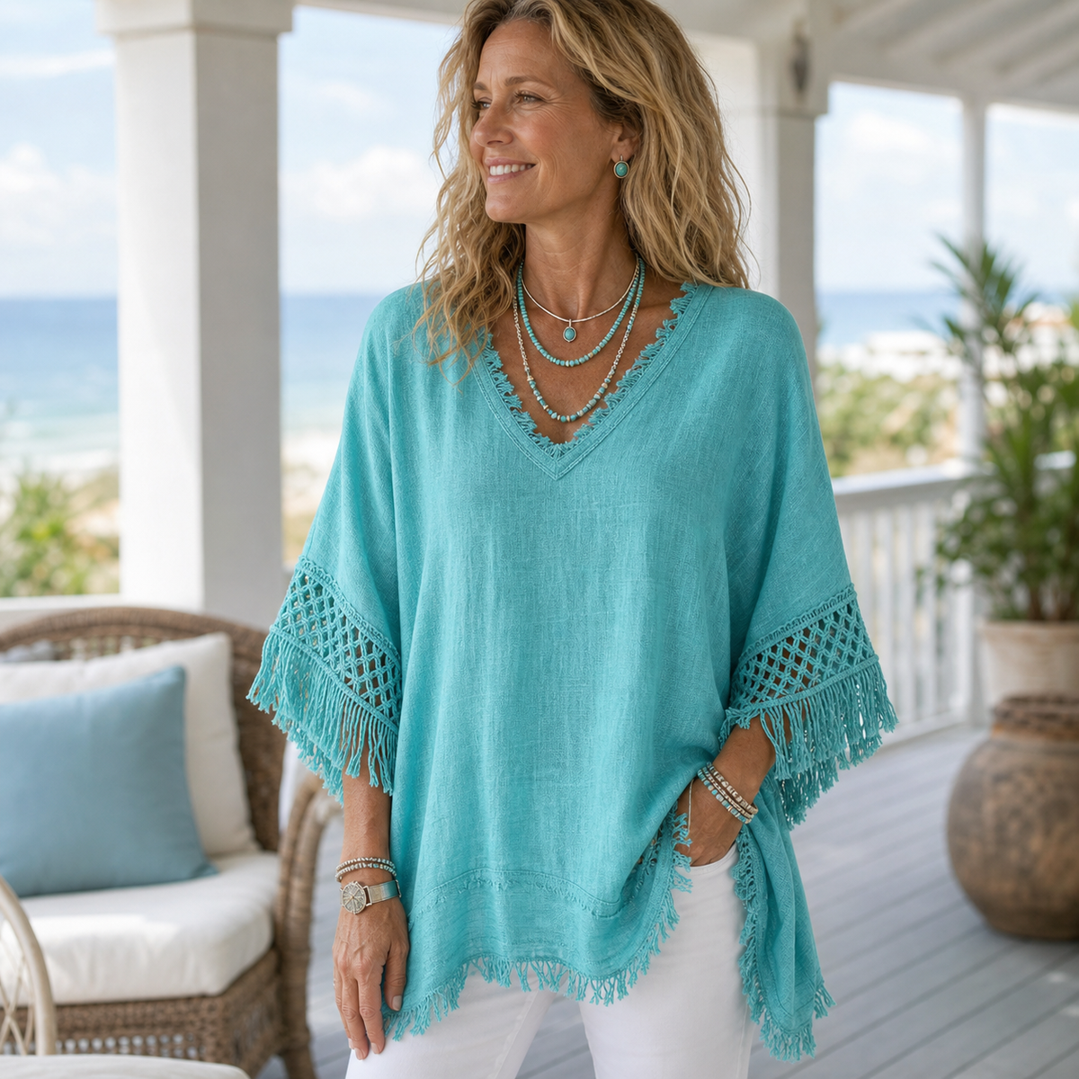 Women's Fringed Lace Sleeve V-Neck Tunic Top