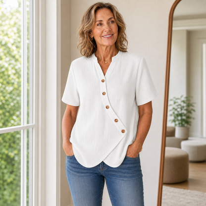Women's Short Sleeve Asymmetrical Button Blouse