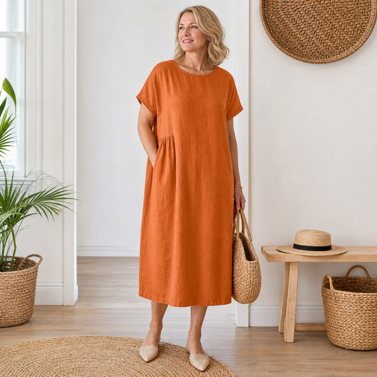 Women's Relaxed Linen-Blend Pocket Midi Dress