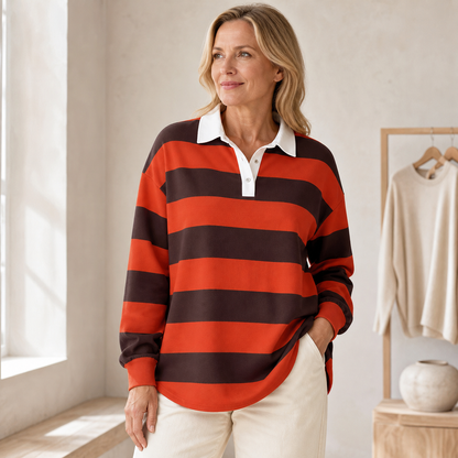 Women's Relaxed Striped Rugby Polo Long Sleeve Top