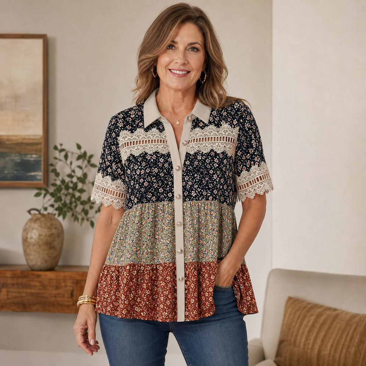 Women's Patchwork Lace Button-Front Blouse