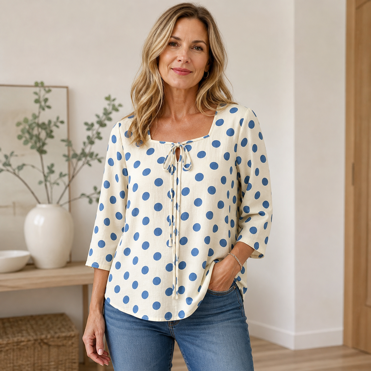 Women's Polka Dot Tie-Front Blouse
