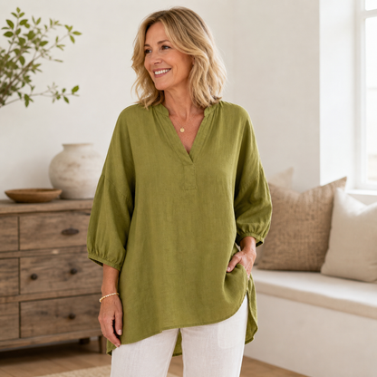 Women's Relaxed Linen-Blend V-Neck Tunic Blouse