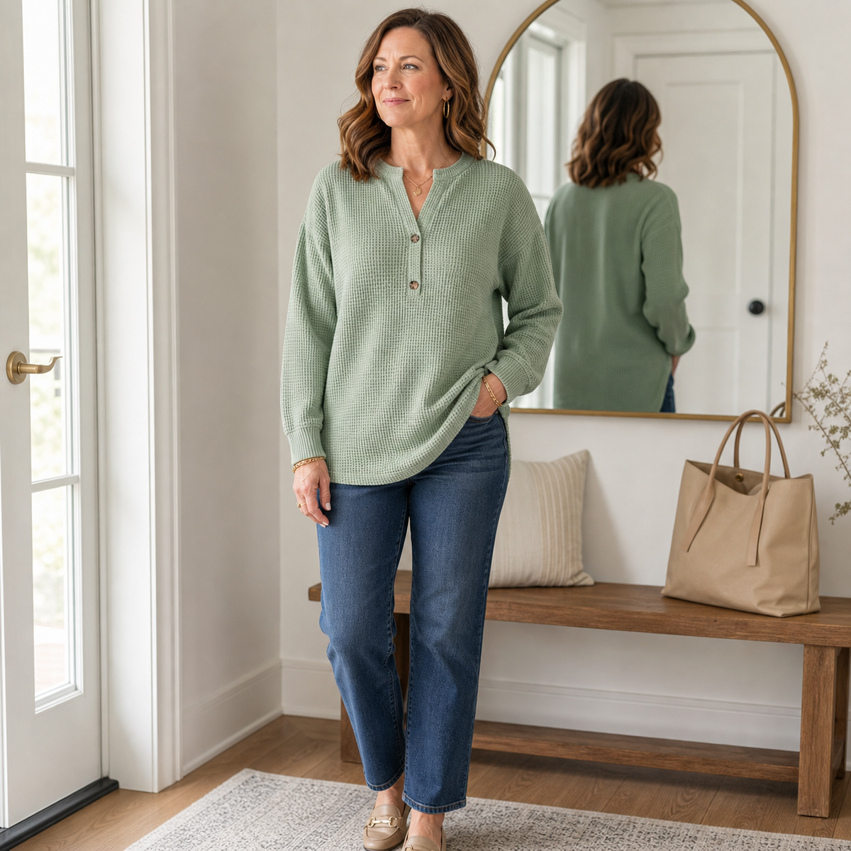 Women's Waffle Knit Long Sleeve Henley Top
