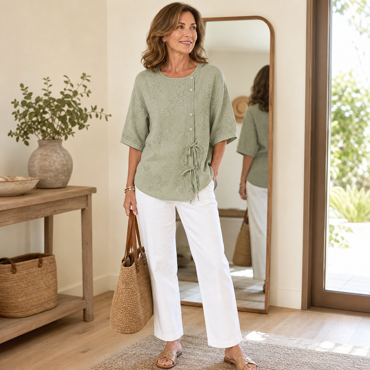 Women's Embroidered Tie-Front Short Sleeve Blouse
