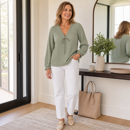 Women's Textured Knit V-Neck Tie-Front Long Sleeve Top