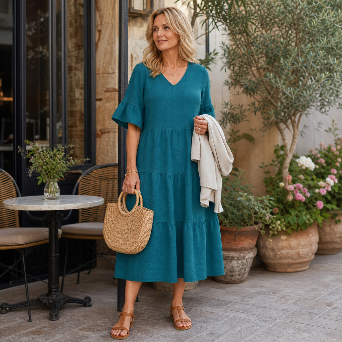 Women's Relaxed Tiered V-Neck Maxi Dress