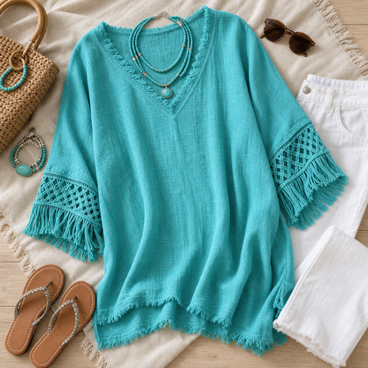 Women's Fringed Lace Sleeve V-Neck Tunic Top