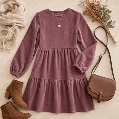 Women's Soft Corduroy Tiered Long Sleeve Dress