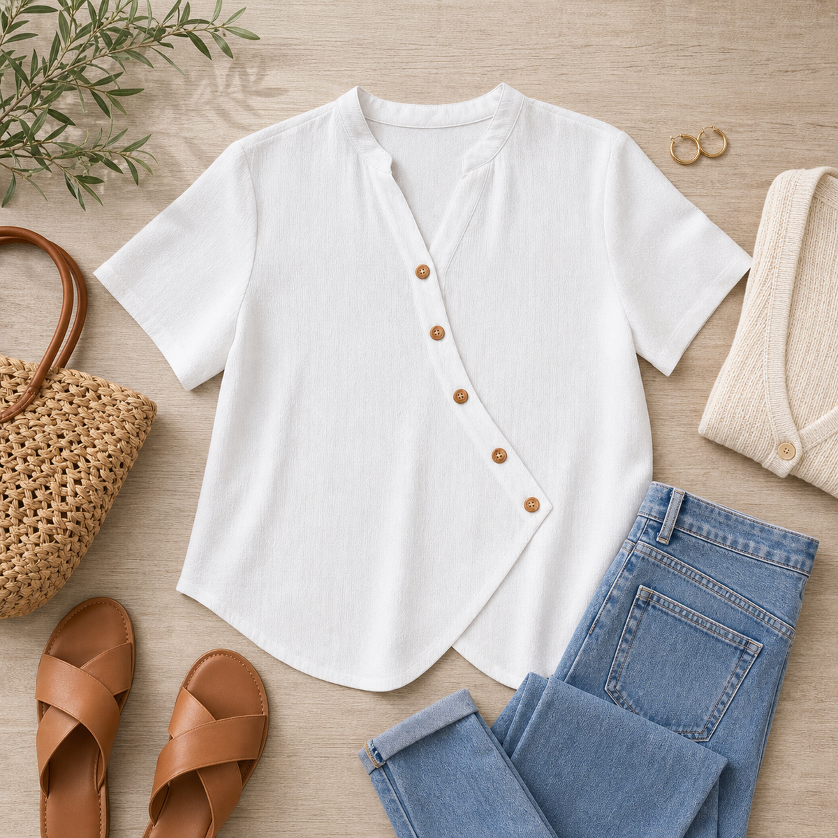 Women's Short Sleeve Asymmetrical Button Blouse