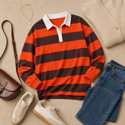 Women's Relaxed Striped Rugby Polo Long Sleeve Top