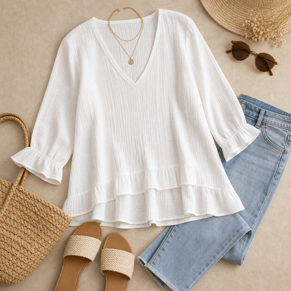 Women's Relaxed V-Neck Three-Quarter Sleeve Blouse