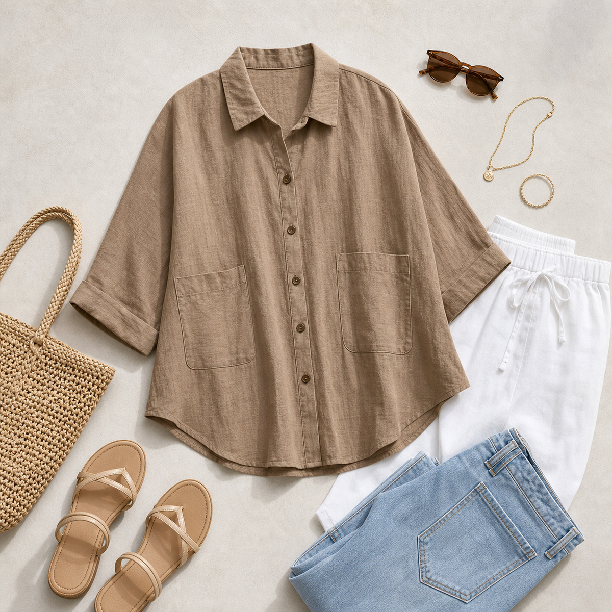 Women's Relaxed Button-Front Three-Quarter Sleeve Shirt Blouse