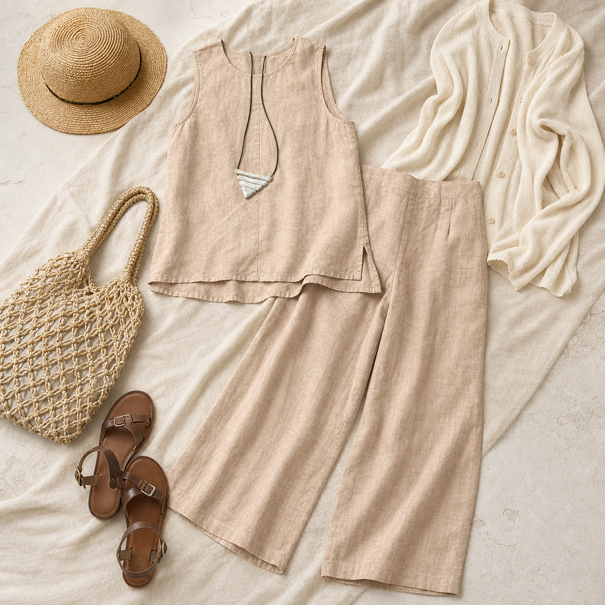 Women's Sleeveless Linen-Look Two-Piece Set