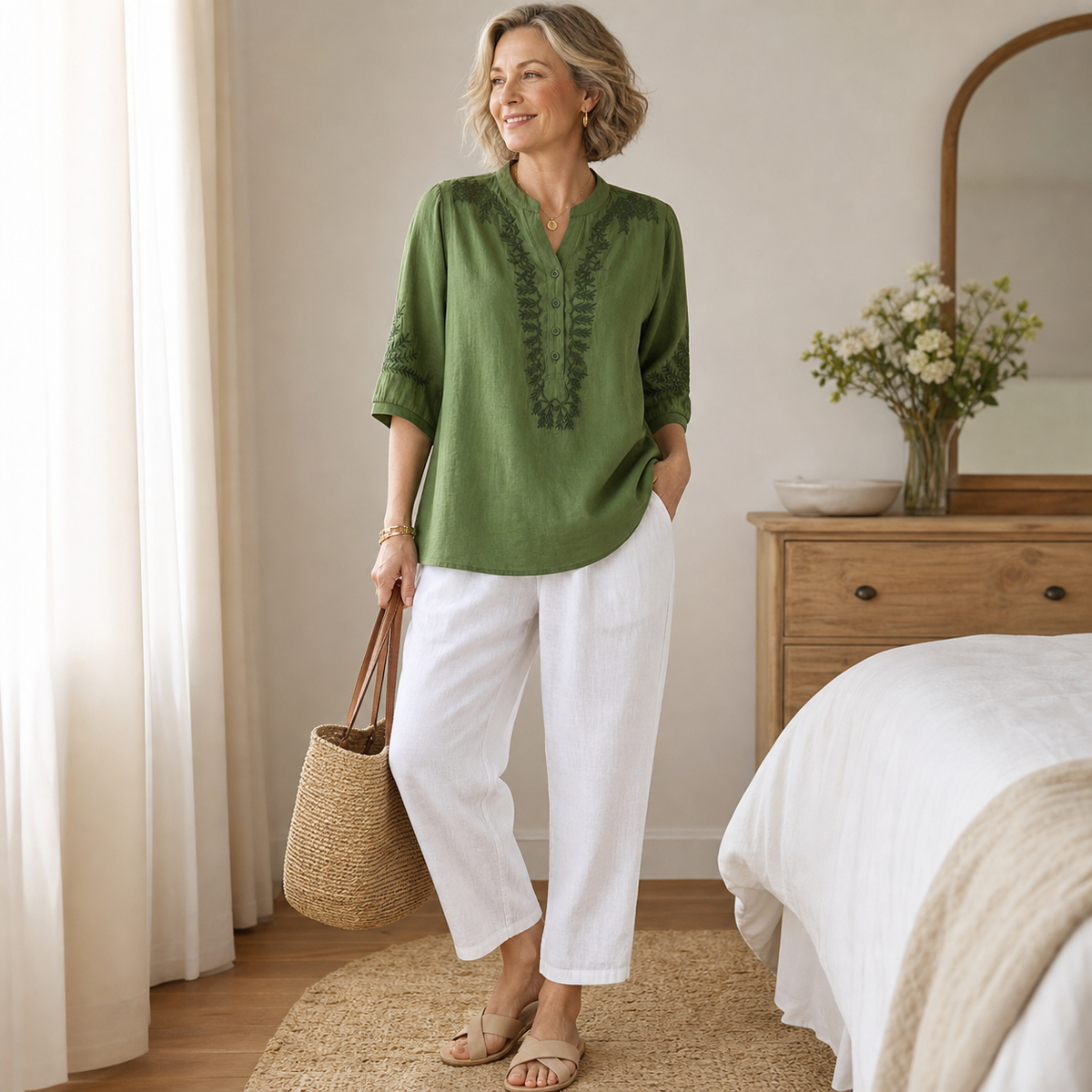 Women's Embroidered Linen-Look V-Neck Blouse