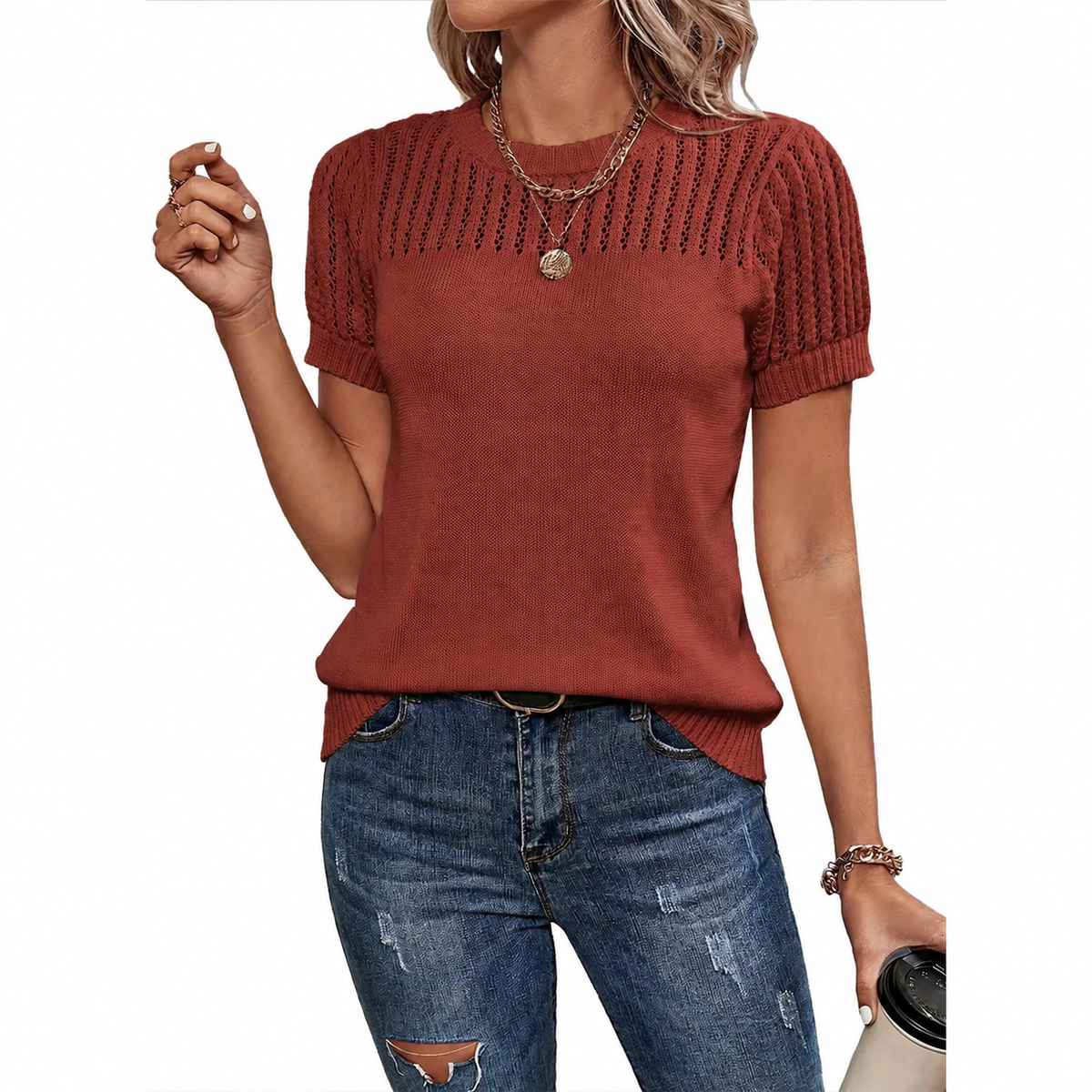 Dokotoo Women's Casual Crewneck Hollow Out Sweater Top