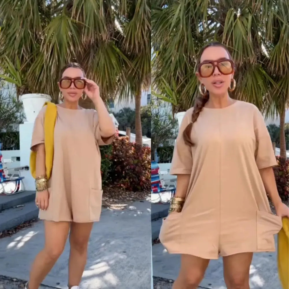 💝Women Casual Oversized Athletic Short Sleeve Romper Deep Pocket Loungewear