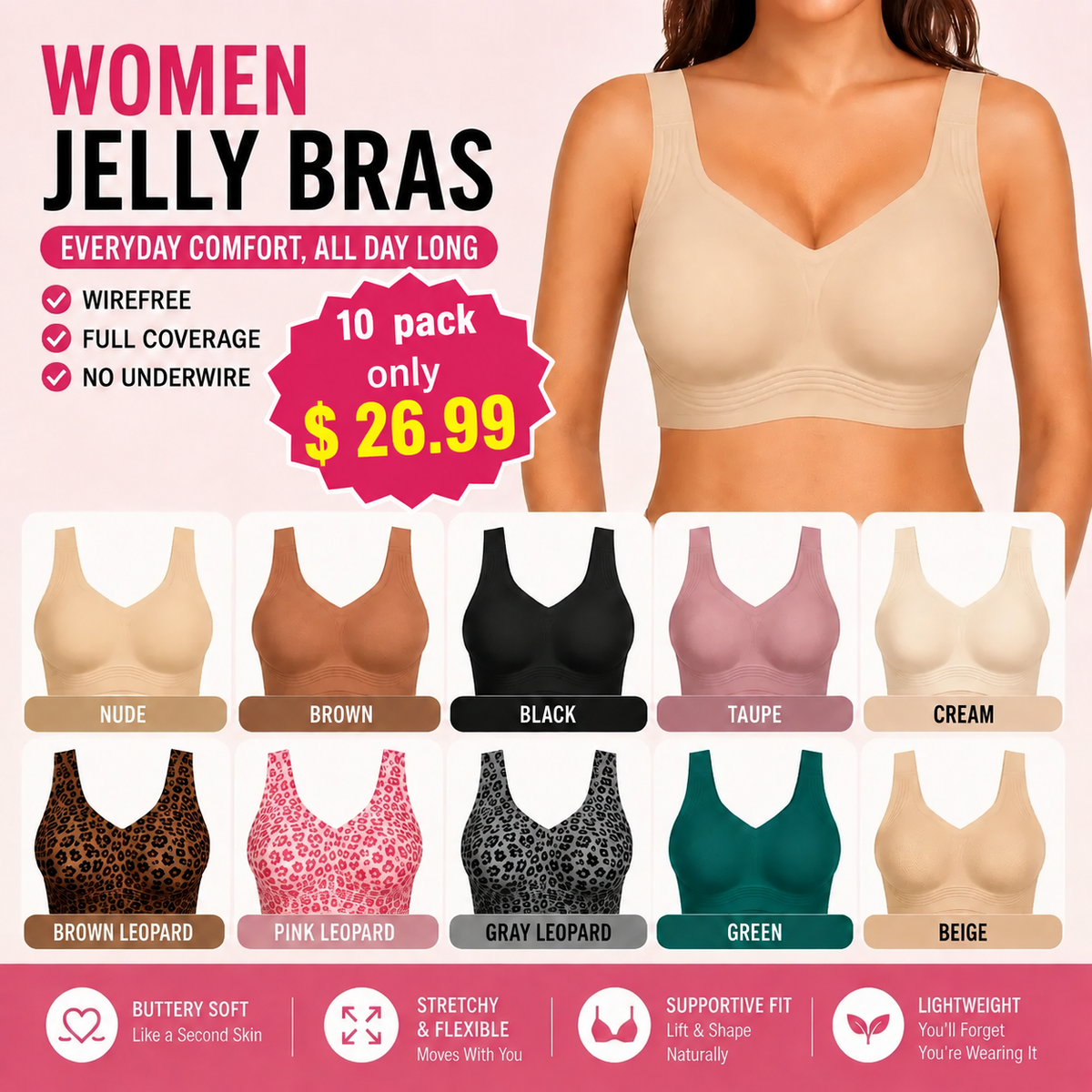 Women’s Jelly Support Bra – Wirefree & Full Coverage