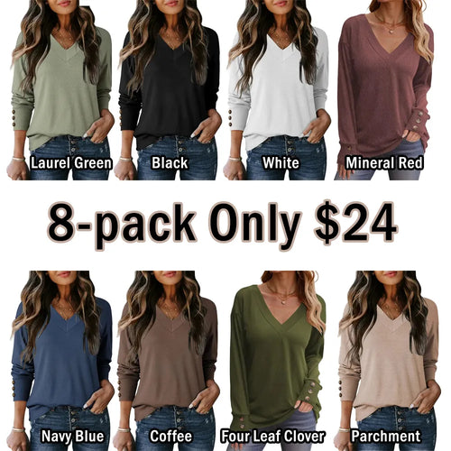 Women's Casual Long Sleeve V-Neck Pullover Shirts Loose Fit Lightweight Knit Tops