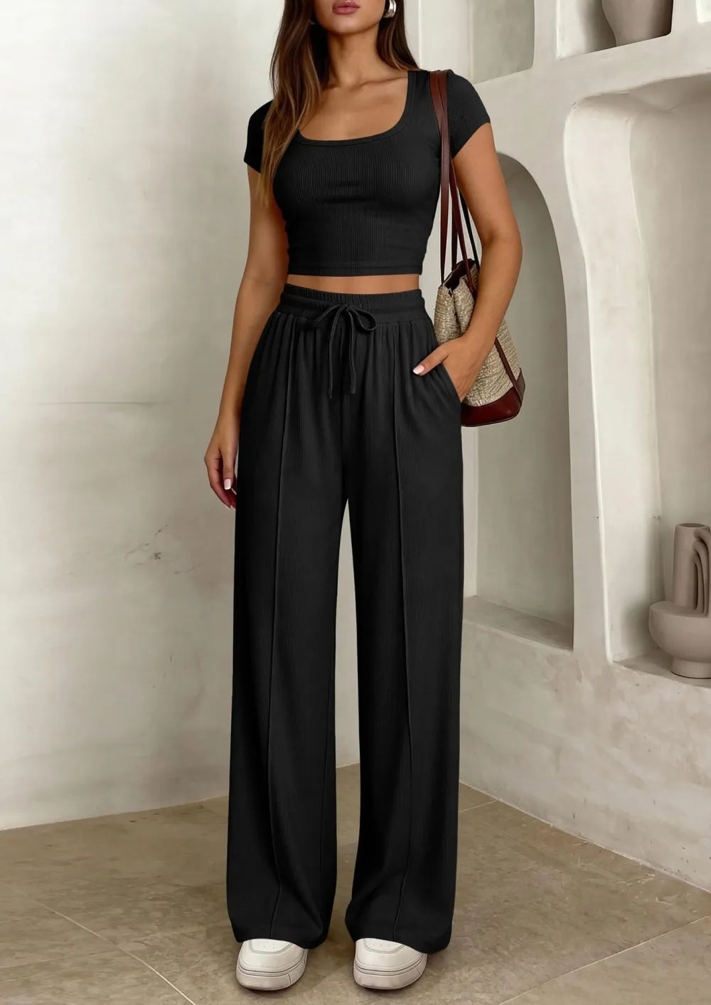 ⚡FINAL SALE⚡ Women's 2 Piece Outfits Square Neck Crop Top High Waist Wide Leg Pants Loungewear Set