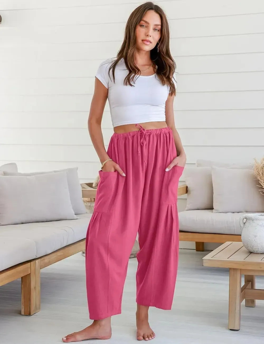 Women's Linen Wide Leg Pants Casual Loose Drawstring Low Waist with Pockets