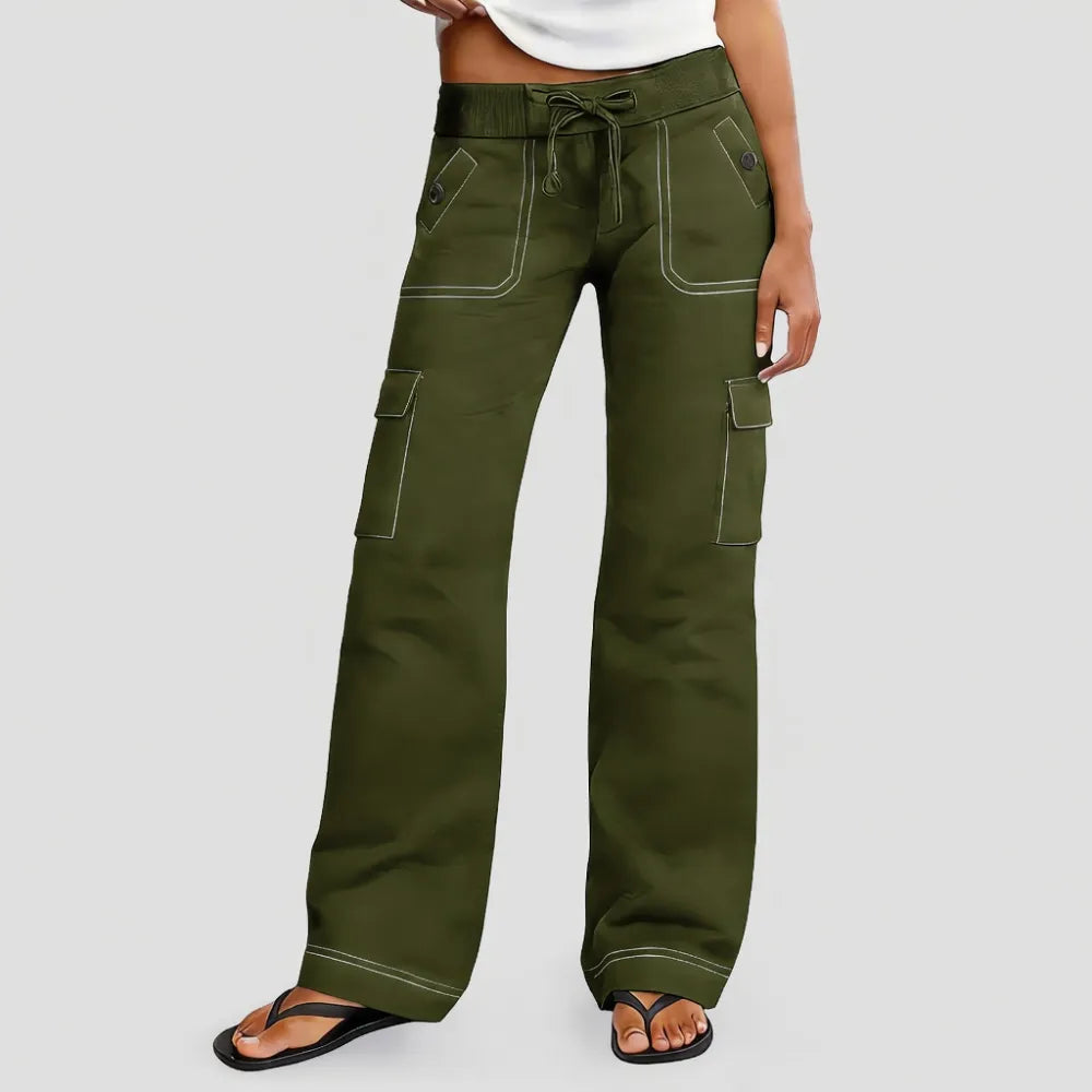 ⚡FINAL SALE⚡ Women's Wide Leg Cargo Pants - Stretchy Waist Casual Workwear with Contrast Stitching