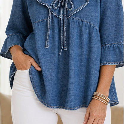 Women's Ruffle Tie-Front Denim Blouse