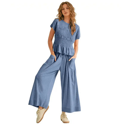 ⚡FINAL SALE⚡ Women’s  2-Piece Smocked Top & Wide-Leg Pants Set