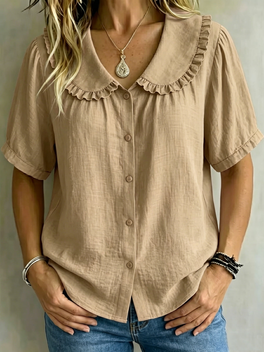 ⏰16-Pack Only $35👕 Women's Ruffle Trim Collared Button-Up Short Sleeve Shirt - Limited Stock Once They’re Gone, They’re Gone!