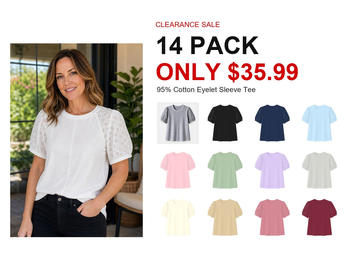 CLEARANCE SALE - Women's 95% Cotton Eyelet Sleeve Tee - 14 Colors & Bundle Deals