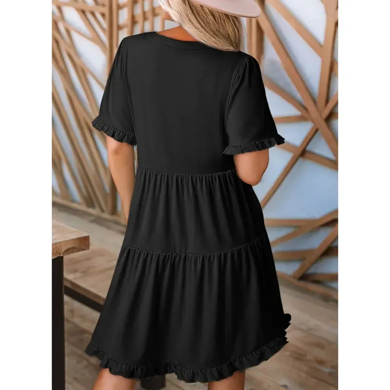 Dokotoo Womens Dresses 2026 Summer Spring V Neck Ruffle Short Sleeve Casual A-Line Flowy Swing Shift Dress Mini Dress