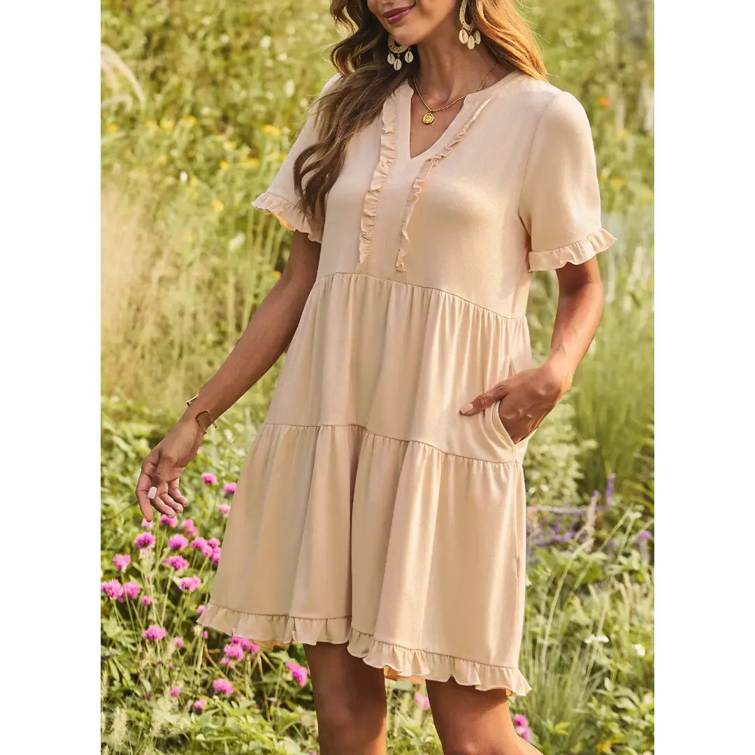 Dokotoo Womens Dresses 2026 Summer Spring V Neck Ruffle Short Sleeve Casual A-Line Flowy Swing Shift Dress Mini Dress
