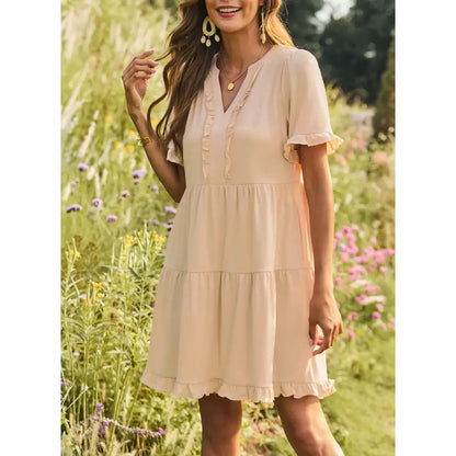 Dokotoo Womens Dresses 2026 Summer Spring V Neck Ruffle Short Sleeve Casual A-Line Flowy Swing Shift Dress Mini Dress