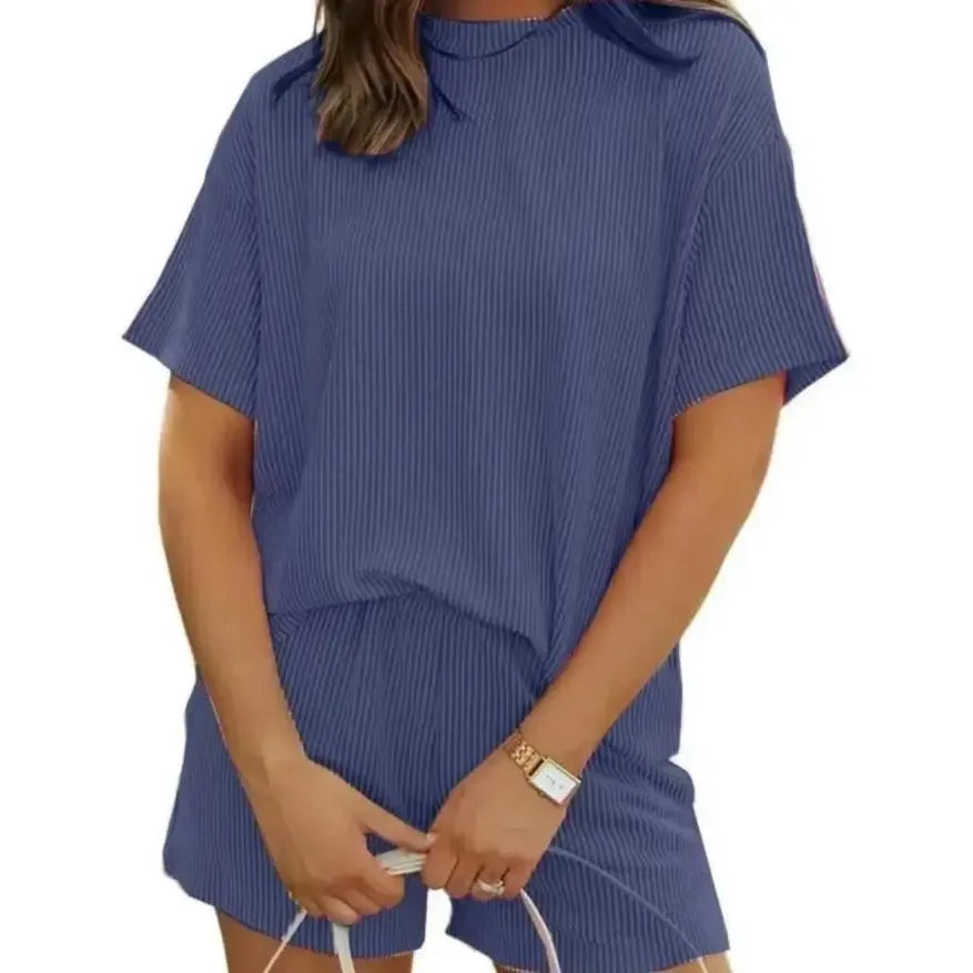 Women’s Ribbed Knit Lounge Set – Short Sleeve Top & High Waist Shorts