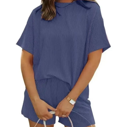 Women’s Ribbed Knit Lounge Set – Short Sleeve Top & High Waist Shorts
