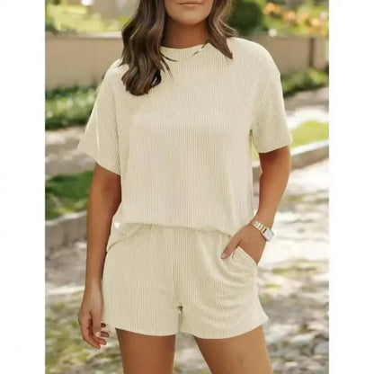 Women’s Ribbed Knit Lounge Set – Short Sleeve Top & High Waist Shorts