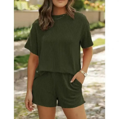Women’s Ribbed Knit Lounge Set – Short Sleeve Top & High Waist Shorts