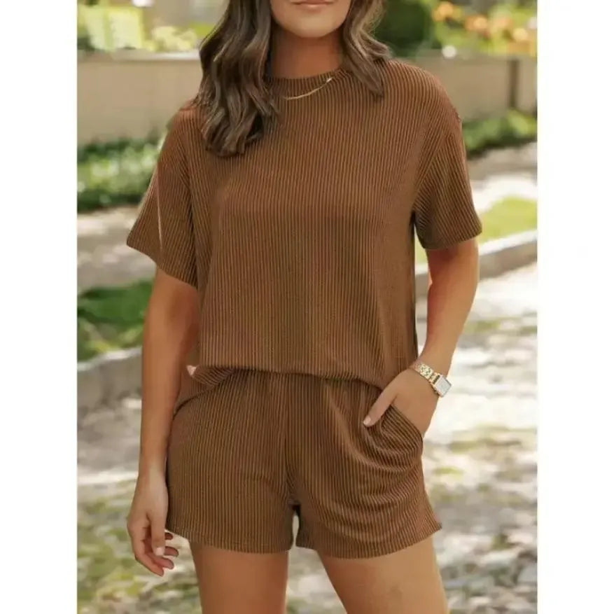 Women’s Ribbed Knit Lounge Set – Short Sleeve Top & High Waist Shorts